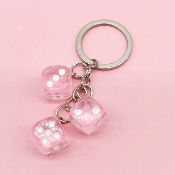 Light Pink Lucky Dice Keychain with 3 Dice Charms Fun Novelty Gift, Gamers Cars - Picture 3 of 3